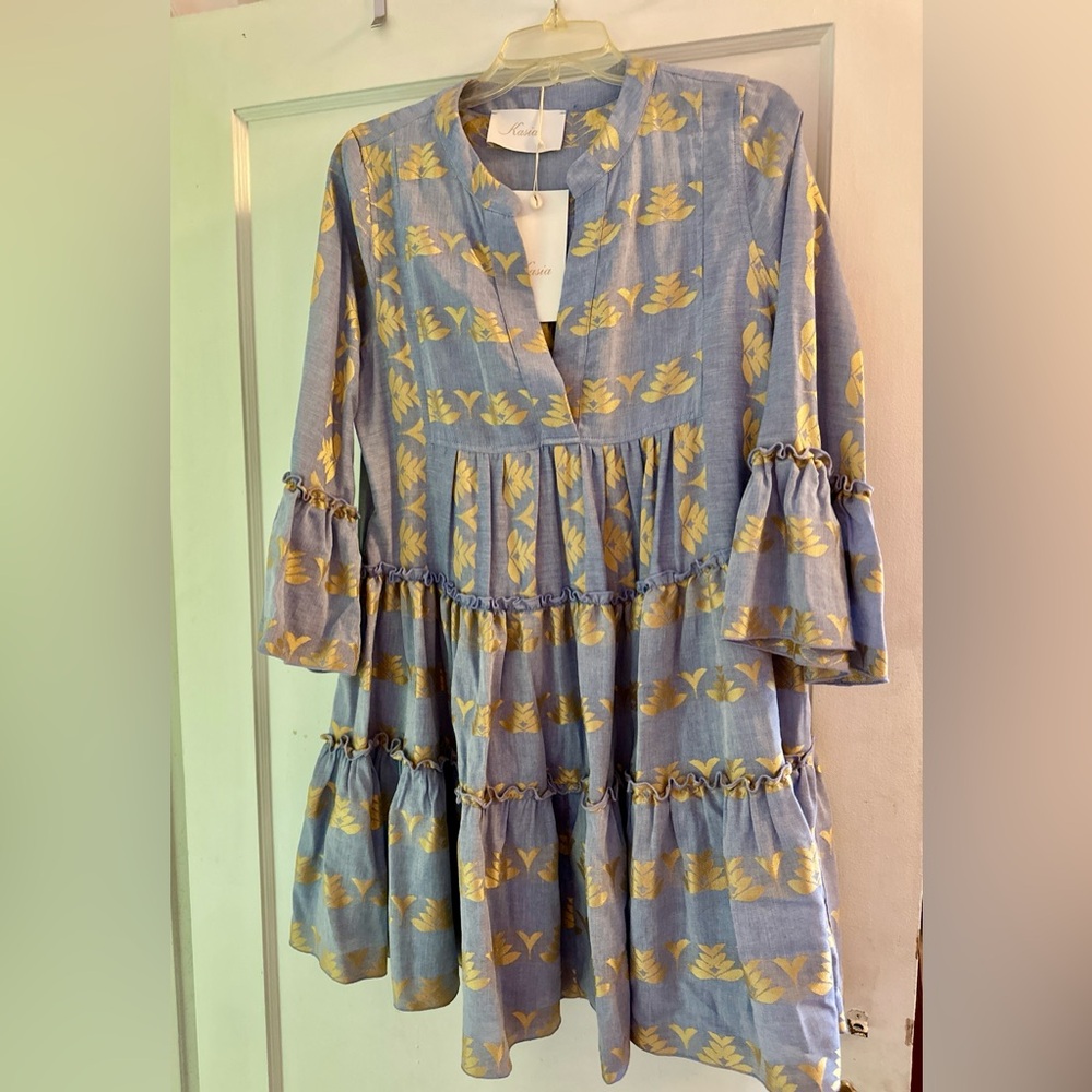KASIA BOHO Greek MINI flared tiered DRESS  Blue and Gold aztec print